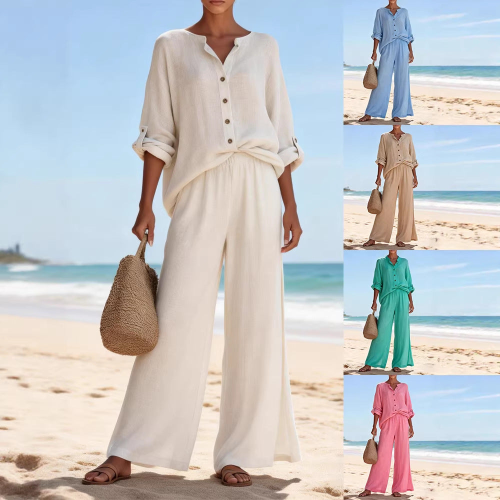 Damen Luftige Leinenbluse und weite Hose Drune