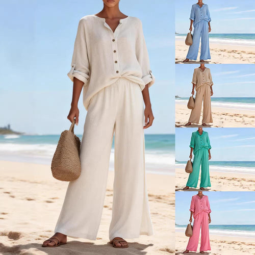 Damen Luftige Leinenbluse und weite Hose Drune