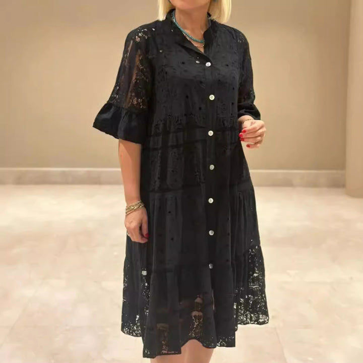 Damen nan romantisches Midikleid mit Broderie-Anglaise, durchgeknöpftem Oberteil, Stehkragen, halblangen Volantärmeln und stufigem Saum Drune