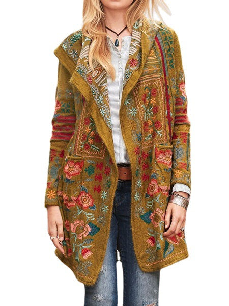 Damen Strickmantel mit einzigartiger Blumenstickerei und Kapuze Drune