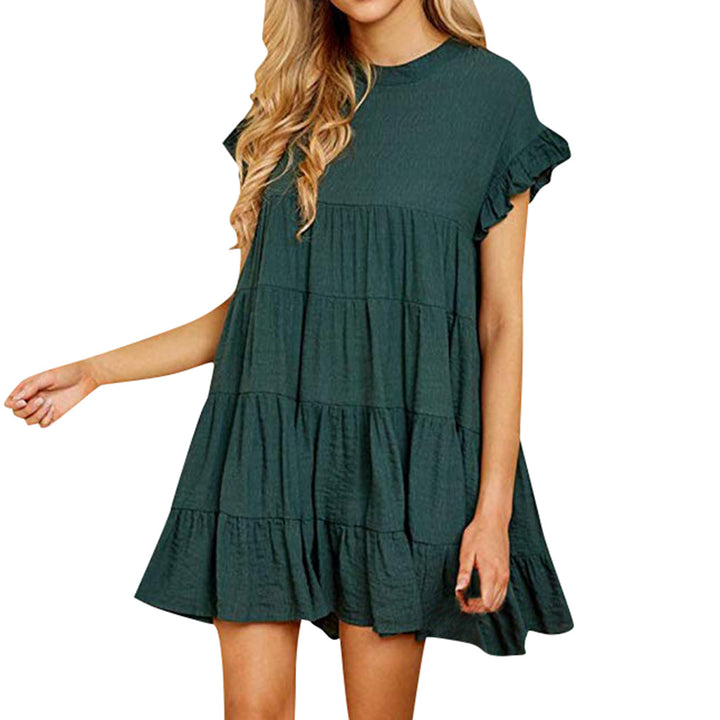 Damen luftiges Kurzarm Kleid mit Rüschendetails und fließendem Schnitt Drune