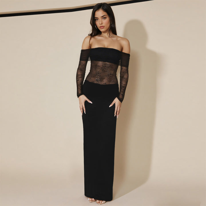 Damen schulterfreies Abendkleid mit Spitzenärmeln und langer Silhouette Drune