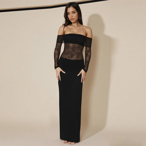 Damen schulterfreies Abendkleid mit Spitzenärmeln und langer Silhouette Drune