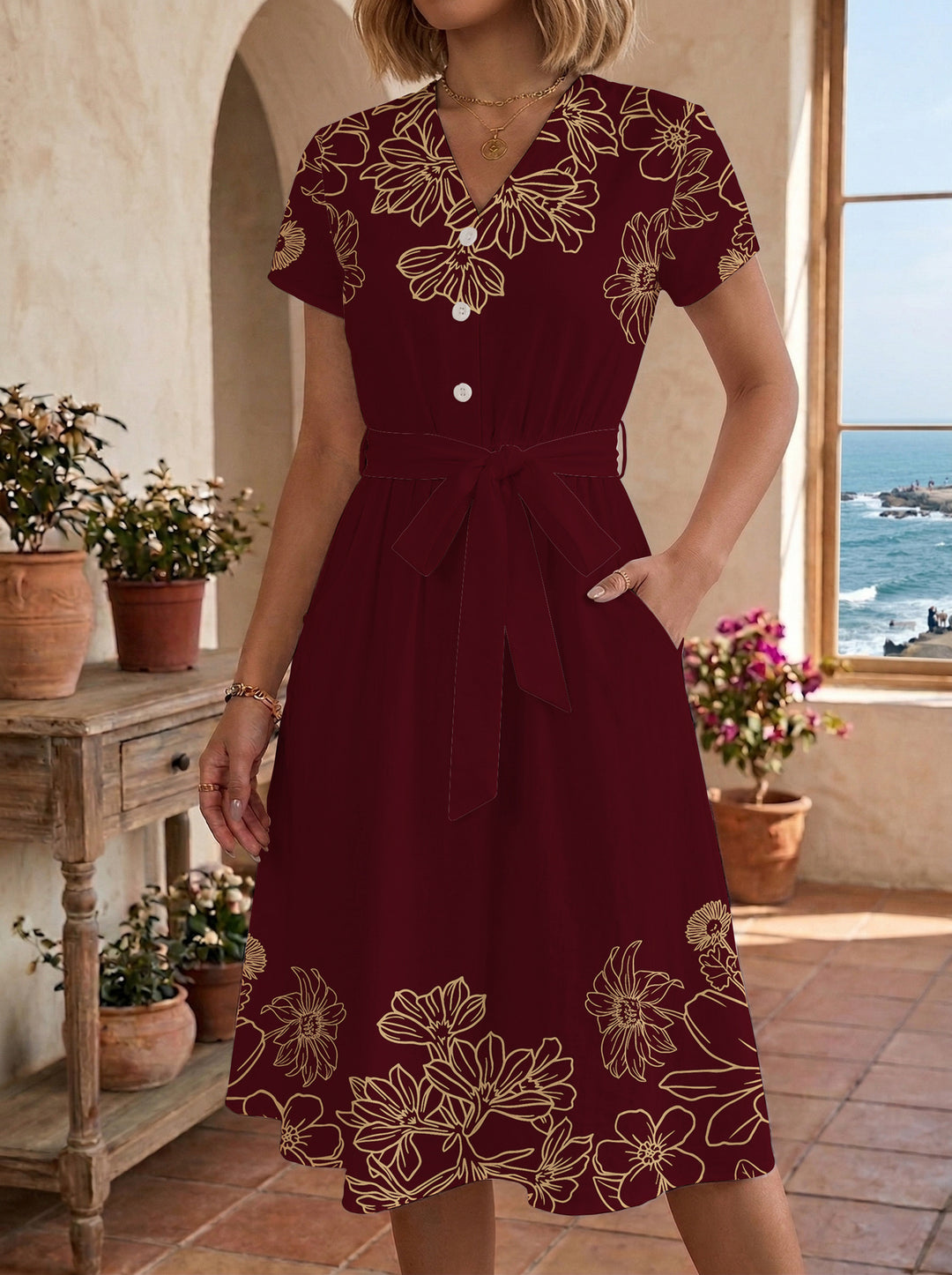 Damen Midi-Kleid mit floralem Design und bequemer Passform Drune
