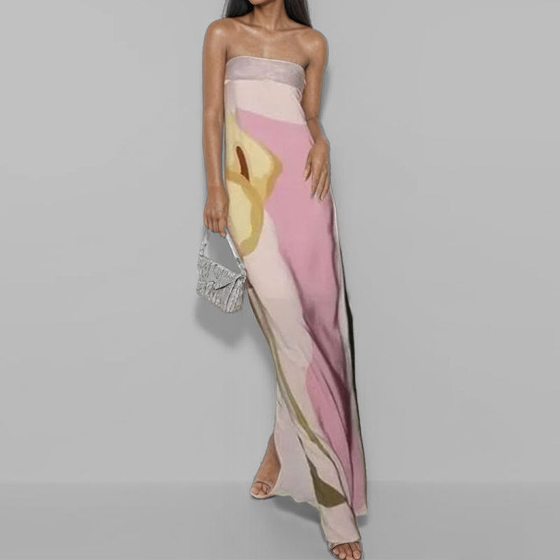 Damen Abendkleid mit elegantem drapiertem Oberteil und künstlerischem Print Drune