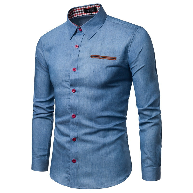 Herren nan Slim-Fit Denim-Hemd mit Brustleistentasche und kariertem Kragenfutter Drune