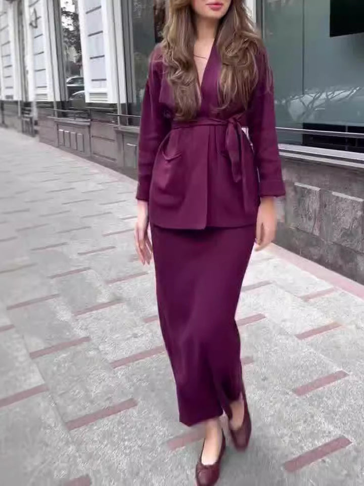 Damen elegantes Bleistiftkleid mit modischer Blazerjacke und praktischen Taschen Drune
