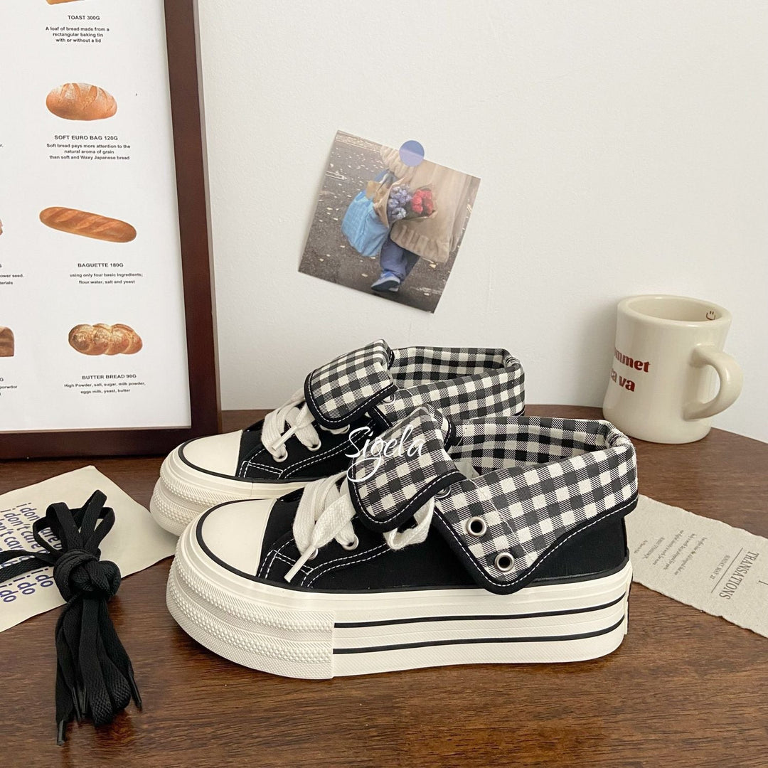 Damen Plateau Sneakers mit modischem Karomuster und elastischen Schnürsenkeln Drune