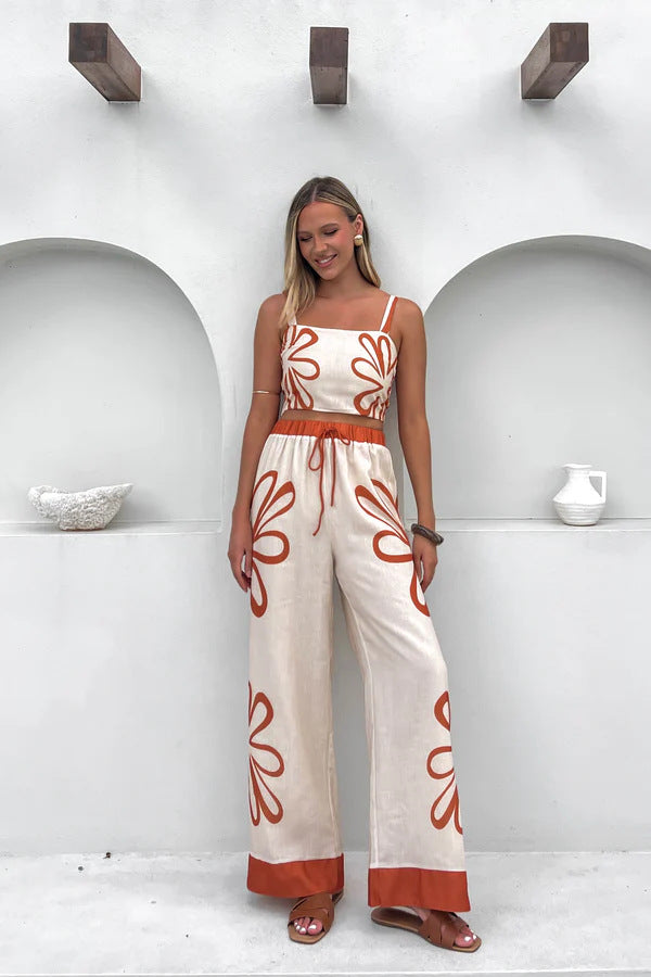 Damen Freizeitoberteil und weit geschnittene Hose mit floralem Muster Drune