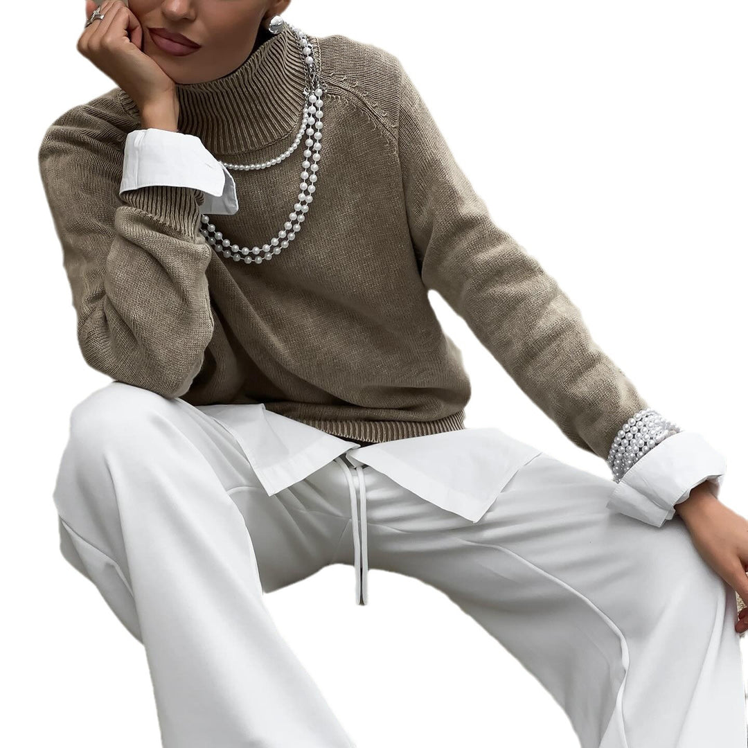Damen gemütlicher Strickpullover mit hohem Kragen und stylischen Ärmelaufschlägen Drune