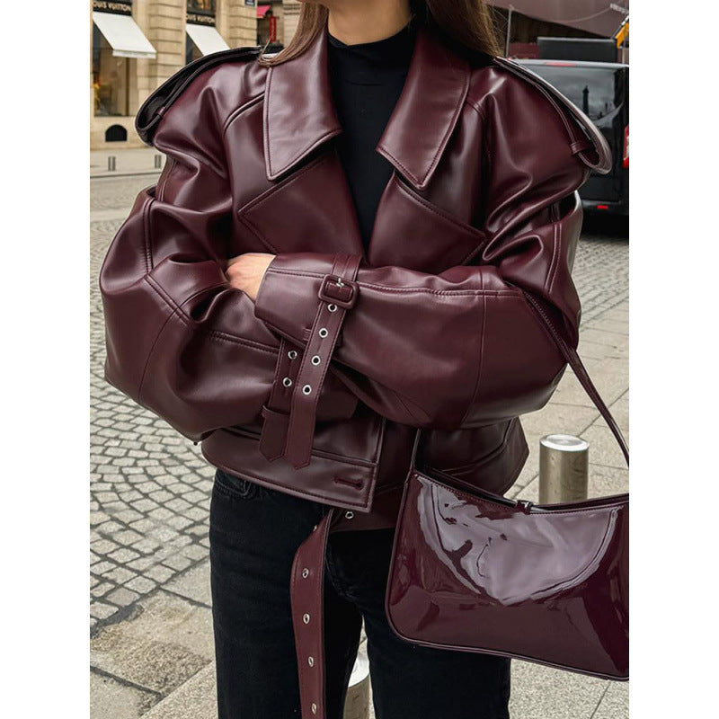 Damen modische Kunstlederjacke mit voluminösen Ärmeln Drune