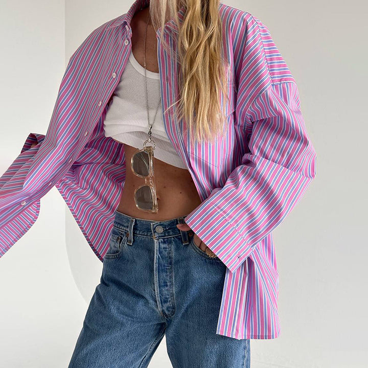 Damen Oversized Hemdbluse mit feinen Streifen Drune