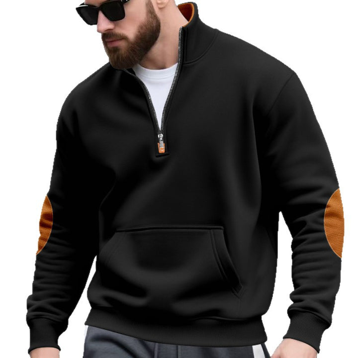 Herren nan Halbzip-Sweatshirt mit Stehkragen, Kängurutasche und kontrastierenden Ellbogenpatches Drune