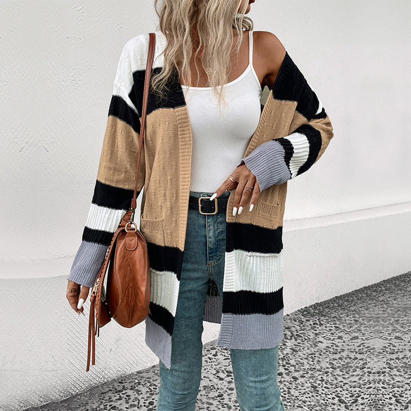 Damen Langer Strickcardigan mit modischem Streifenmuster und Taschen Drune