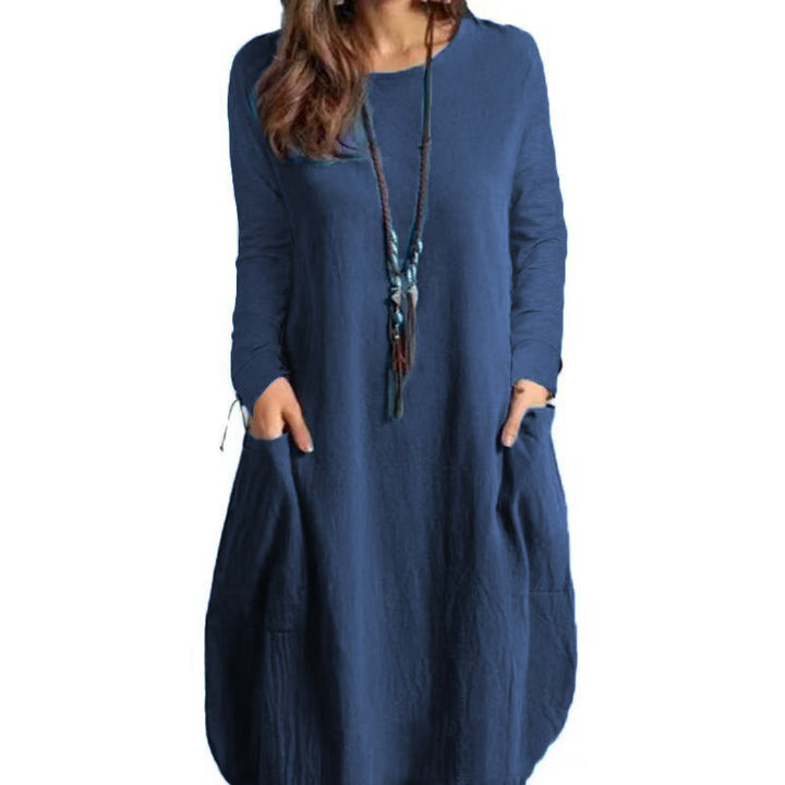 Damen lässiges Freizeitkleid mit seitlichen Taschen und Rundhalsausschnitt Drune