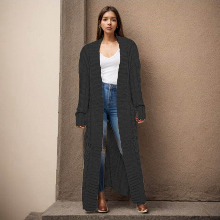 Damen langen Strickcardigan mit hochwertigem Zopfmuster Drune