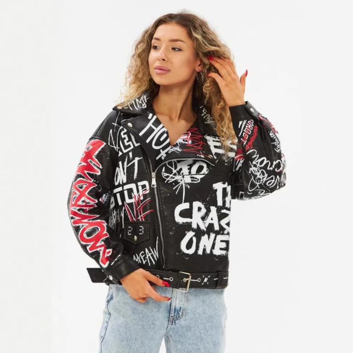 Damen Kunstlederjacke im Graffiti-Stil Drune