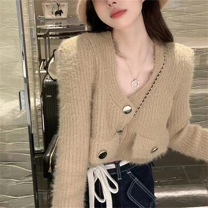 Damen Flauschiger Cardigan mit Knopfdetails und praktischen Taschen Drune