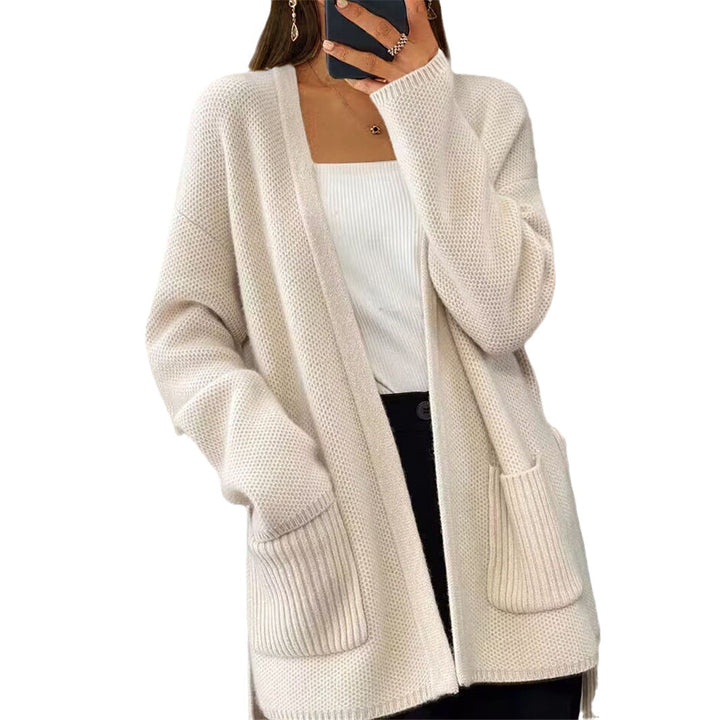 Damen nan lange Strickjacke mit Bindegürtel, aufgesetzten Rippentaschen und lockerem Waffelstrick Drune