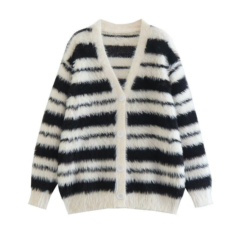Damen Gemütlicher Strickcardigan mit modernem Streifenmuster und weichem Material Drune