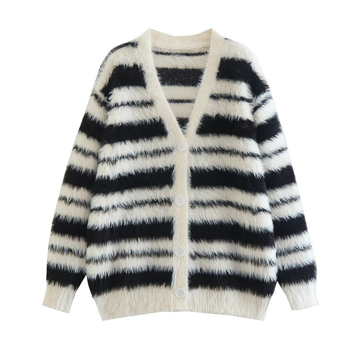 Damen Gemütlicher Strickcardigan mit modernem Streifenmuster und weichem Material Drune