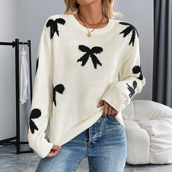 Damen elegant gestrickter Pullover mit stilvollem Schleifenmuster Drune