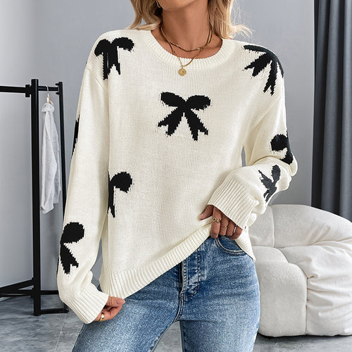 Damen elegant gestrickter Pullover mit stilvollem Schleifenmuster Drune