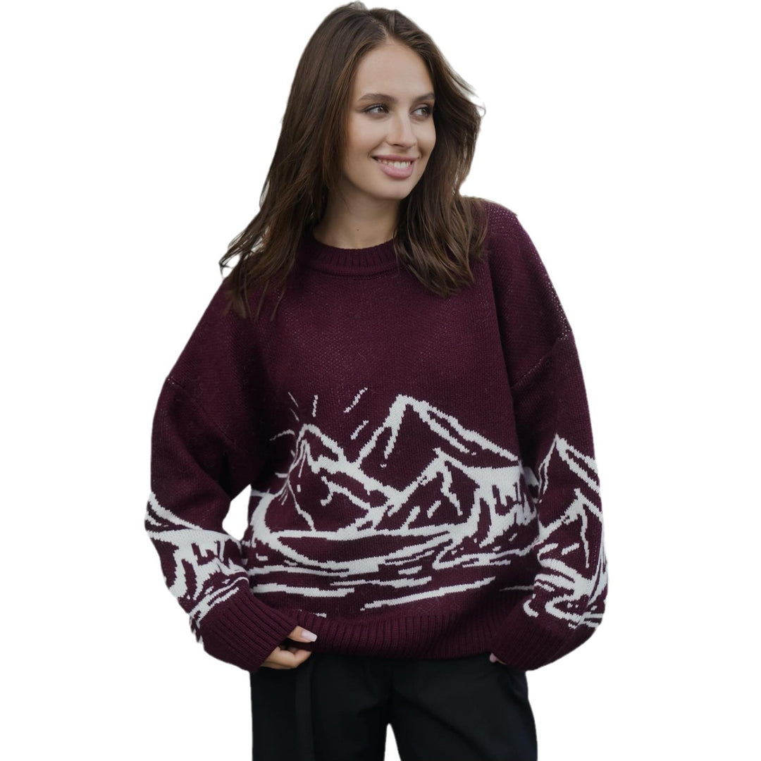Damen Grobstrickpullover mit künstlerischem Landschaftsdesign Drune