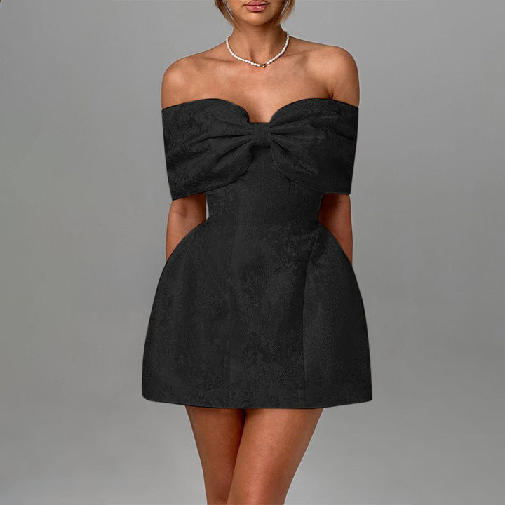 Damen Off-Shoulder Cocktailkleid mit elegantem Blumenmuster und aufwendiger Rüschenverzierung Drune