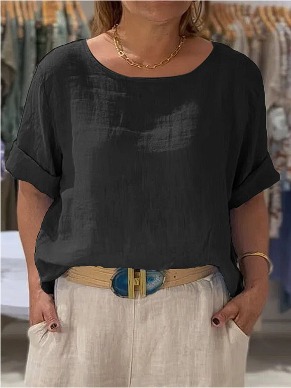 Damen lässige Leinenbluse mit umschlagbaren Ärmeln und weitem Schnitt Drune
