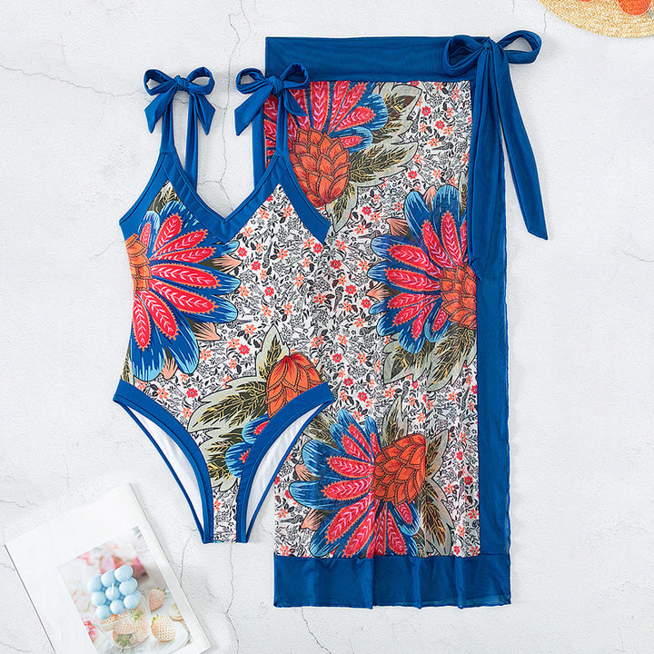 Damen Eleganter One-Piece Badeanzug mit floralem Wickeltuch Drune