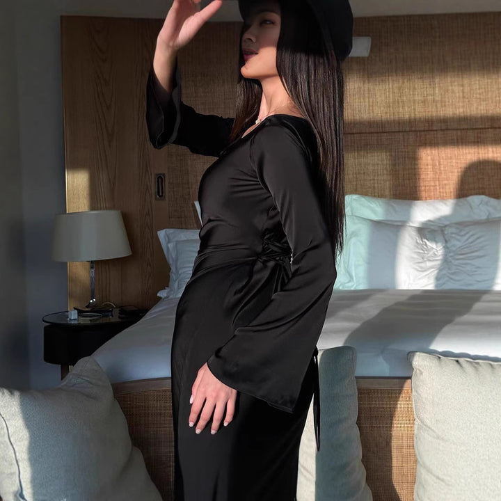 Damen elegantes langärmliges Satin-Maxi-Kleid mit weiten Ärmeln Drune