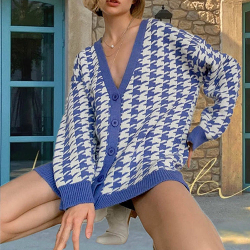 Damen stylischer Oversized-Strickcardigan mit klassischem Hahnentrittmuster Drune