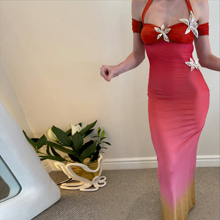 Damen figurbetontes Kleid mit Halter-Design und floralem Akzent Drune