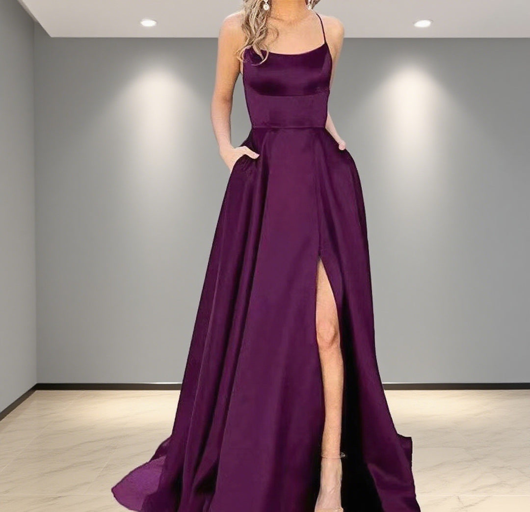 Damen Elegantes Abendkleid mit seitlichem Schlitz und schmalen Spaghetti-Trägern Drune