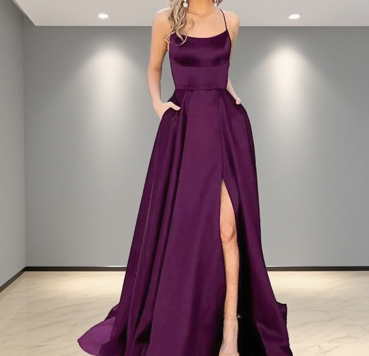 Damen Elegantes Abendkleid mit seitlichem Schlitz und schmalen Spaghetti-Trägern Drune