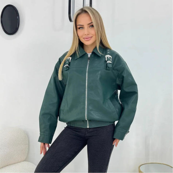 Damen modische Kunstlederjacke im lässigen Stil mit dekorativen Details Drune