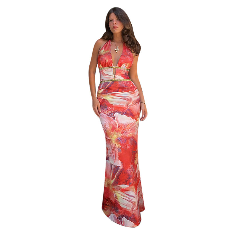 Damen Maxikleid mit floralem Design und tiefem V-Ausschnitt Drune