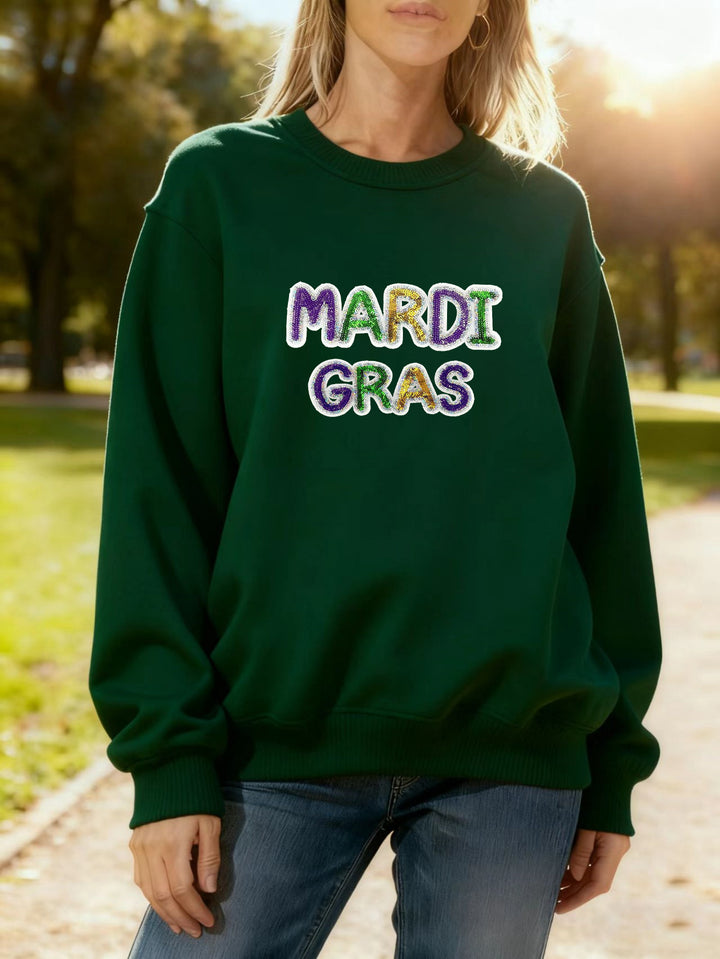 Damen Sweatshirt mit lebhaftem Mardi Gras Schriftzug Drune