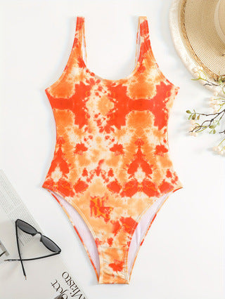 Damen Einteiliger sportlicher Badeanzug mit modischem Tie-Dye-Design Drune
