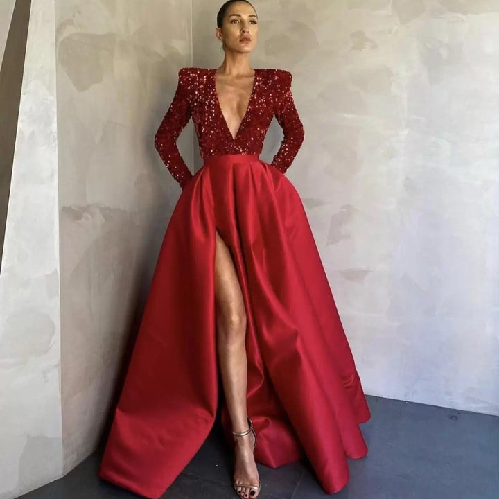 Damen Glamouröses Abendkleid mit tiefem V-Ausschnitt und glitzernden Akzenten Drune