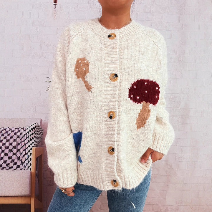 Damen Strickjacke mit buntem Pilzmotiv und Knopfdetails Drune