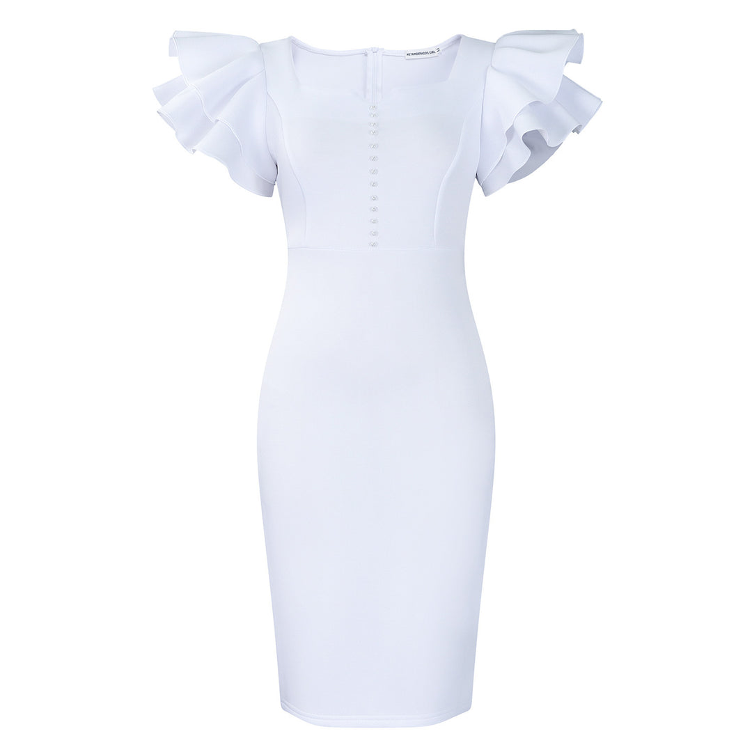 Damen figurbetontes Midi-Kleid mit voluminösen Rüschärmeln und Perlendetails Drune