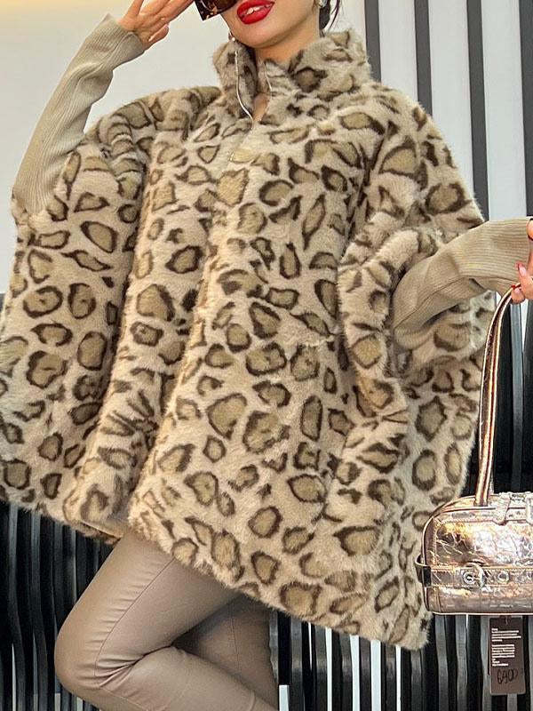 Damen Steppmantel mit Leopardenmuster und hohem Kragen Drune