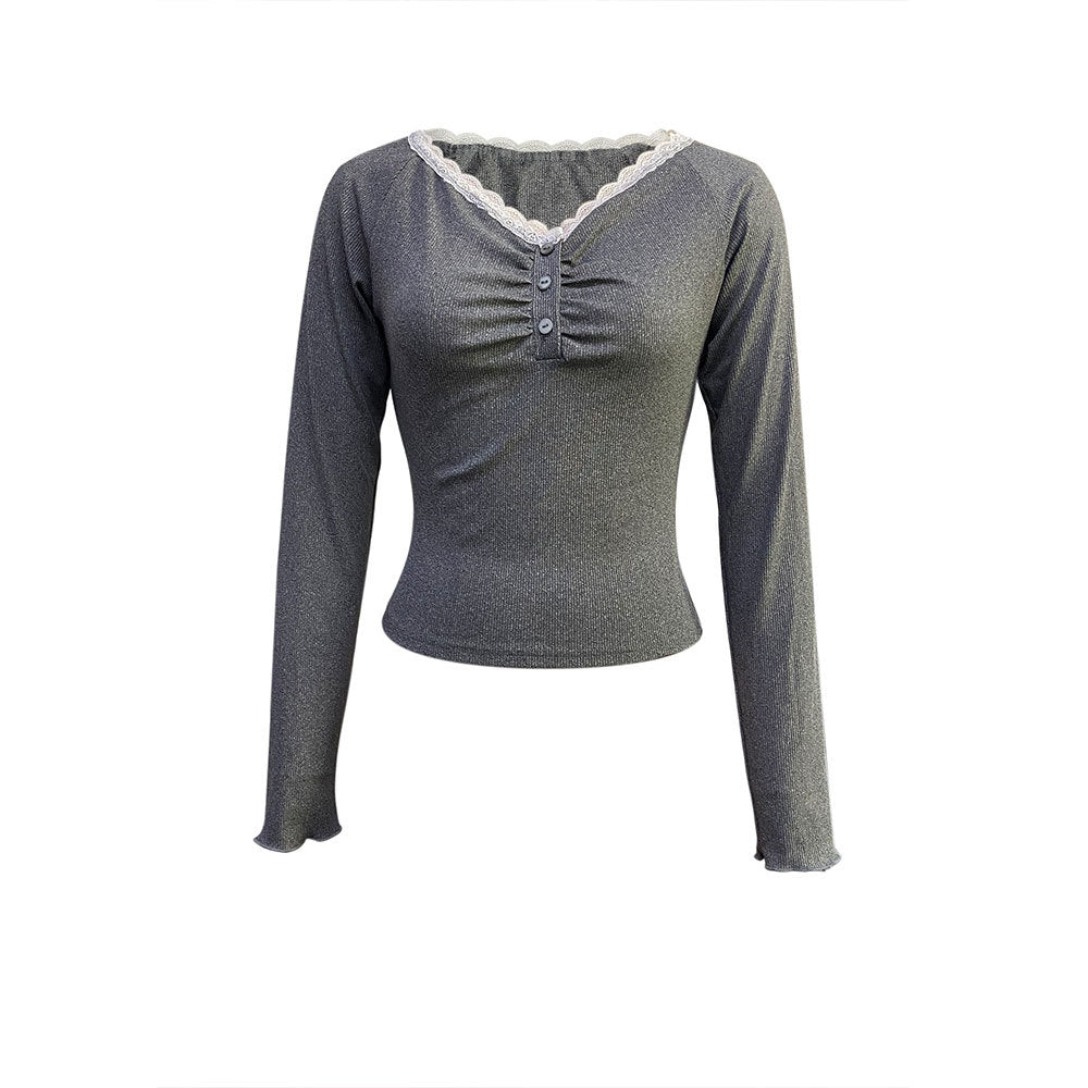 Damen Langarm Shirt mit Spitze und Knopfleiste Drune