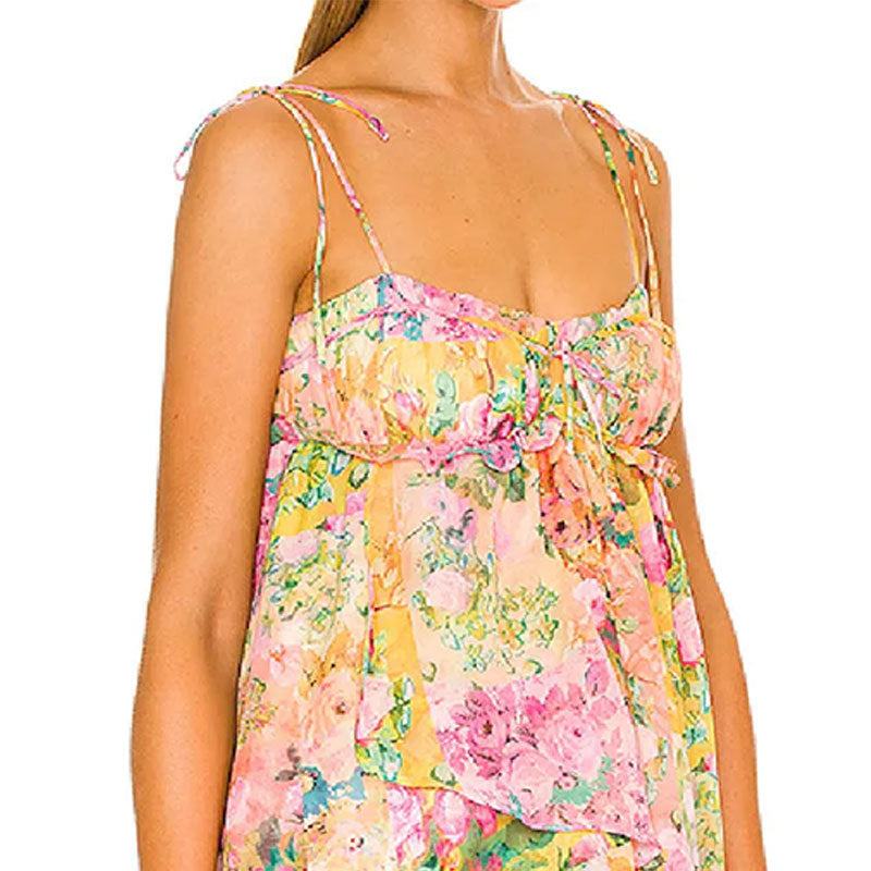 Damen Floral Minikleid mit verstellbaren Spaghetti-Trägern und Rüschendetails Drune