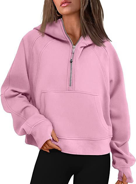 Damen Kapuzenpullover mit halbem Reißverschluss und praktischer Kängurutasche Drune