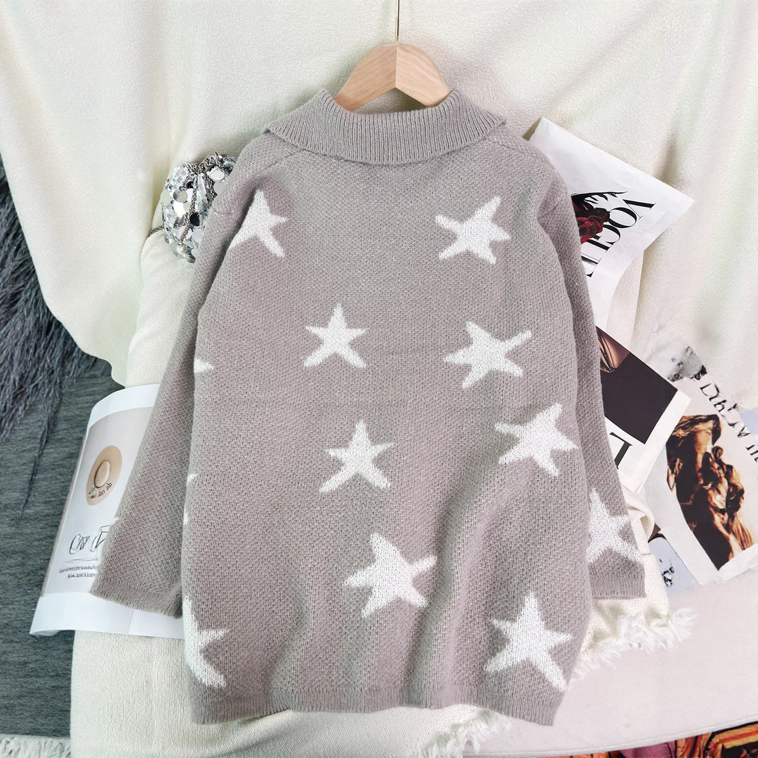 Damen lässige Strickjacke mit Sternenmotiv und Taschen Drune