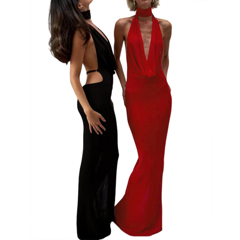 Damen Elegantes Abendkleid mit schimmerndem tiefem V-Ausschnitt und figurschmeichelnder Silhouette Drune