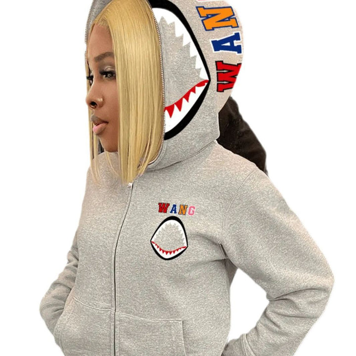 Damen Kapuzenjacke mit kreativem Haifischdesign und moderne Stickereien Drune